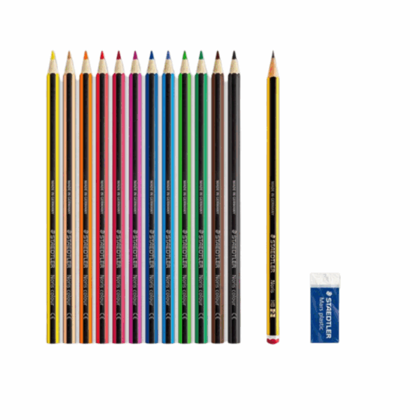 Lápis de Cor Staedtler Noris Colour 12 Cores, Kit com Lápis Preto HB 2 e Borracha