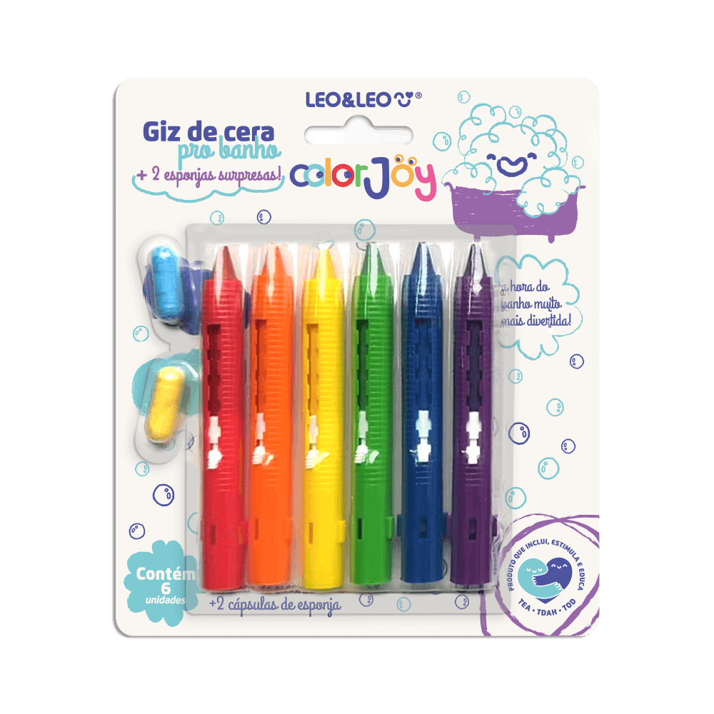 163258-1200-auto GIZ DE CERA RETRÁTIL PARA BANHO C/ 2 CAPSULAS DE ESPONJA SURPRESA COLOR JOY - C/ 6 CORES LEO&LEO - Imagem 1