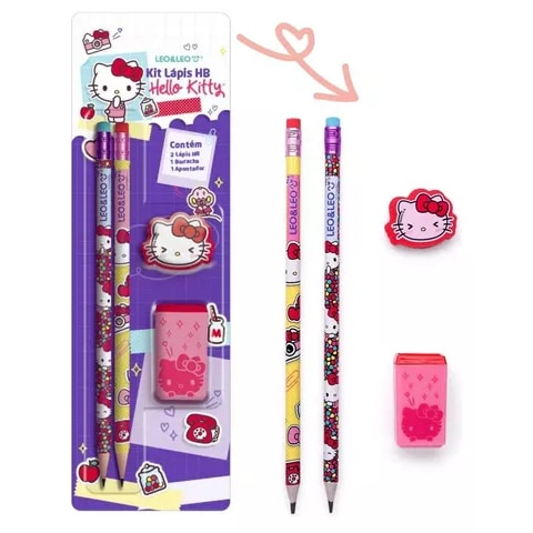 KIT 2 LAPIS GRAFITE + BORRACHA + APONTADOR HELLO KITTY - LEO&LEO
